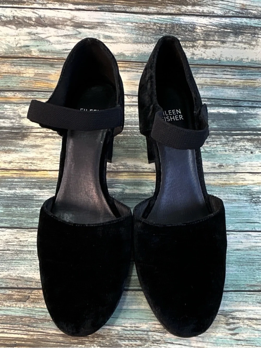 Eileen Fisher Malta Mary Jane Pumps Womens Sz 8 Black Velvet Block Heel Evening